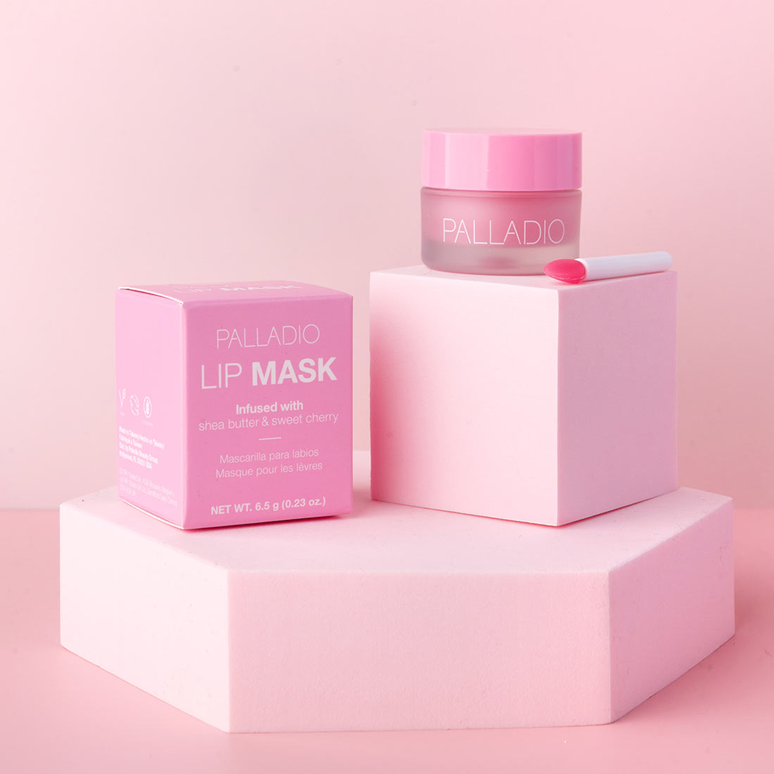 Lip Mask component with a box on geometric product stands.