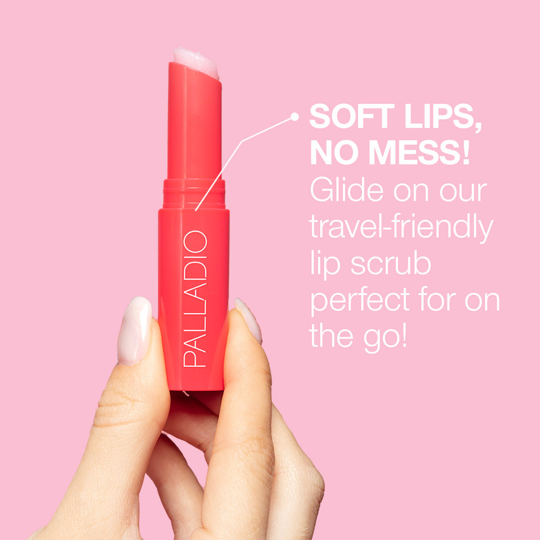 model holding Lip Scrub with callouts for soft lips