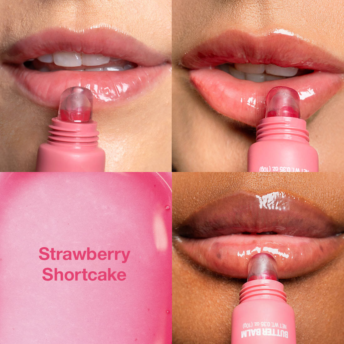 3 models applying Palladio's Butter Balm in shade Strawberry Shortcake