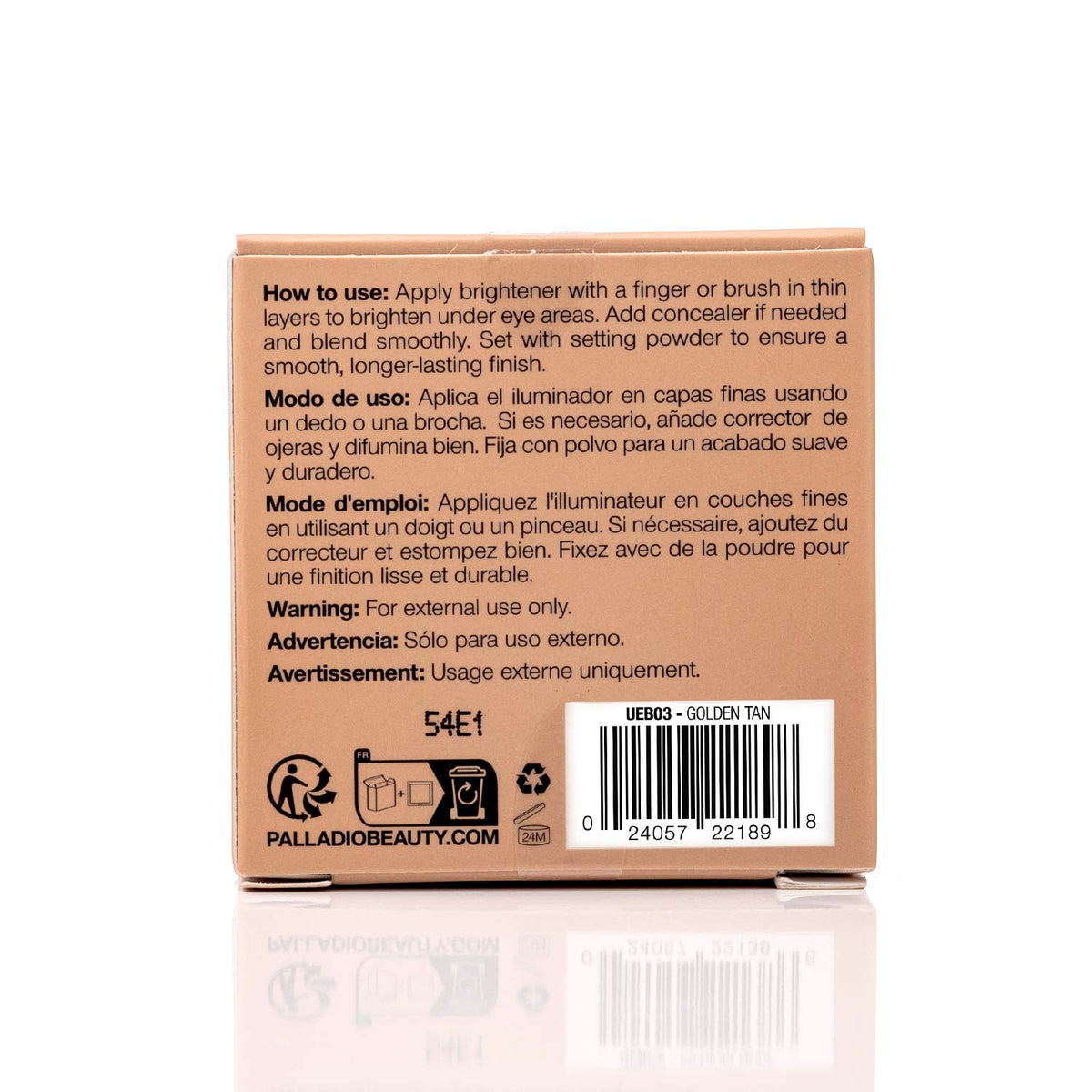 Palladio Under Eye Brightener compact packaging back view Golden Tan