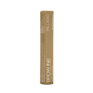 Side panel of the Palladio Brow Ink Micro Brow Pen box in Taupe, showing multilingual usage instructions and warnings (English, Spanish, French), the Palladio logo, "BROW INK · MICRO BROW PEN" text, and net weight 0.5 mL (0.0169 fl oz.).