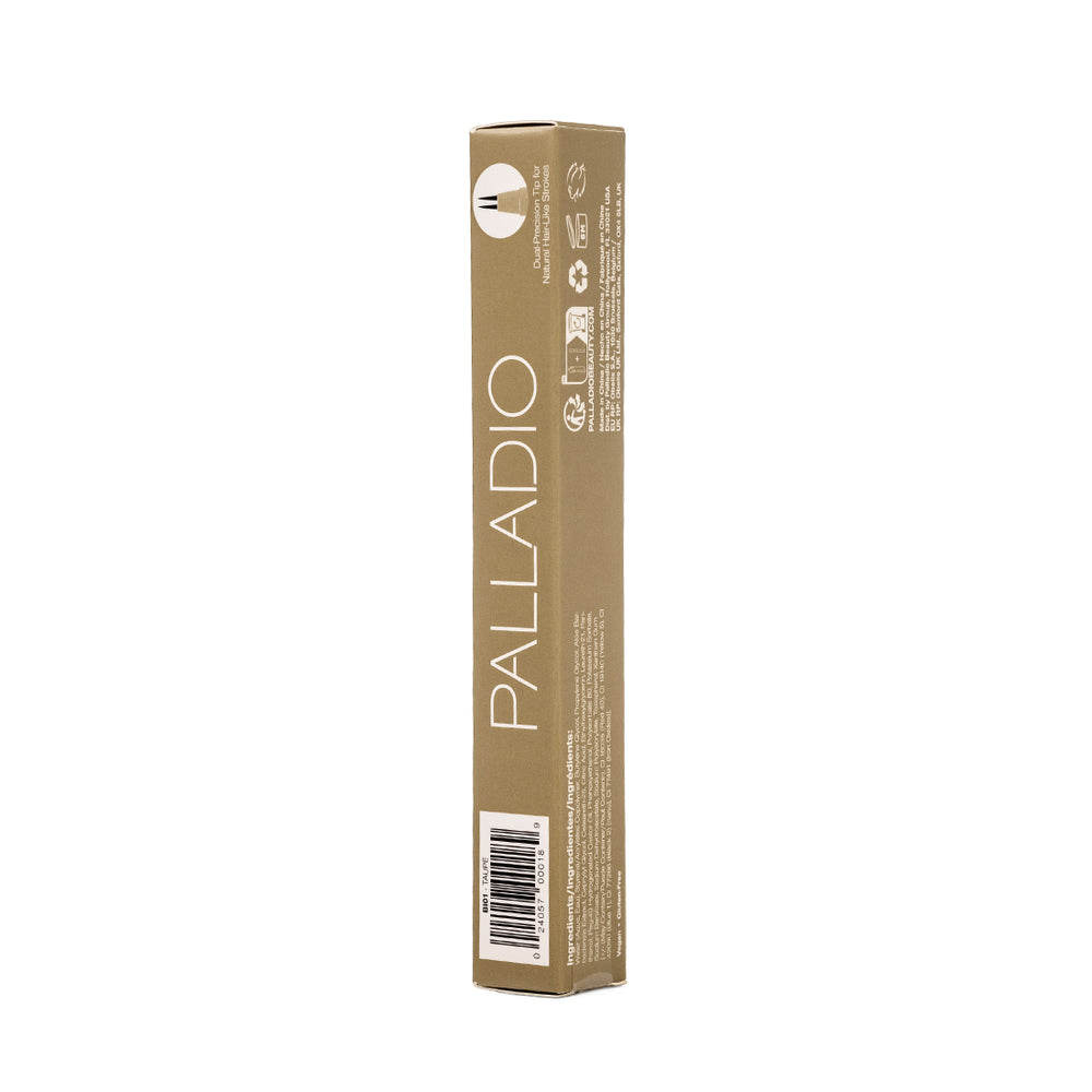 Side panel of the Palladio Brow Ink Micro Brow Pen box in Taupe, showing the dual-precision tip icon for natural hair-like strokes, recycling and manufacturing icons, the ingredients list, and the barcode labeled "BI01 Taupe."