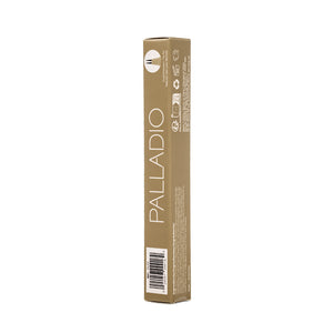 Side panel of the Palladio Brow Ink Micro Brow Pen box in Taupe, showing the dual-precision tip icon for natural hair-like strokes, recycling and manufacturing icons, the ingredients list, and the barcode labeled "BI01 Taupe."
