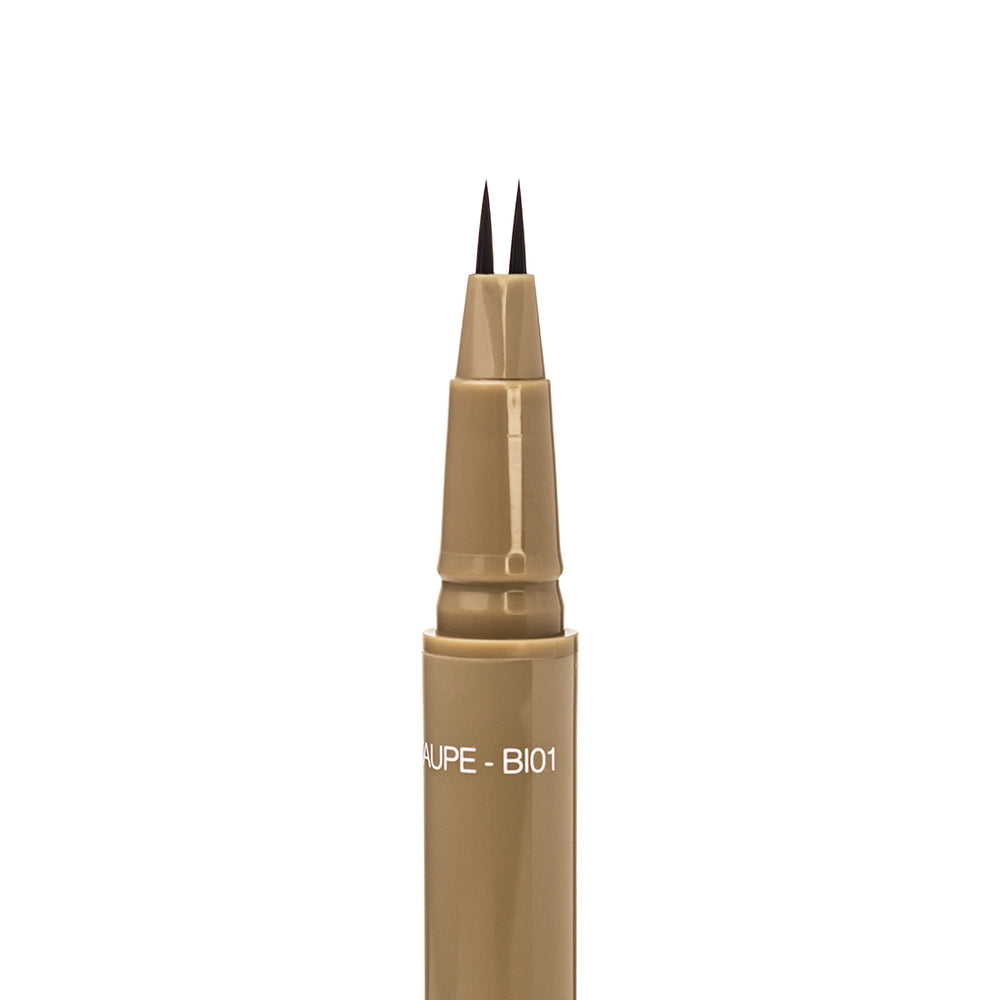 Close-up of the uncapped Palladio Brow Ink Micro Brow Pen in Taupe, showing the fine dual-precision brush tip and the "Taupe - BI01" shade label on the barrel.