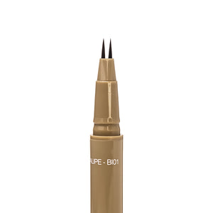 Close-up of the uncapped Palladio Brow Ink Micro Brow Pen in Taupe, showing the fine dual-precision brush tip and the "Taupe - BI01" shade label on the barrel.