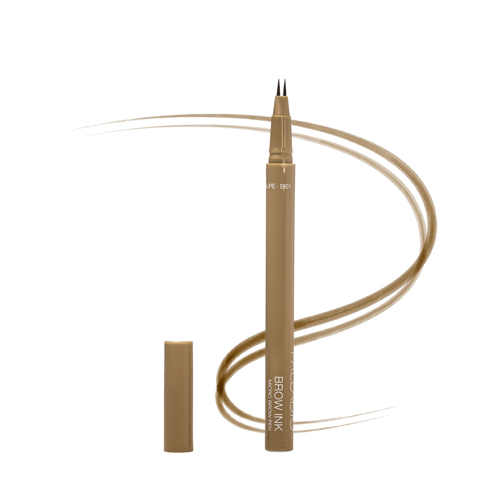 Palladio Brow Ink Micro Brow Pen in Taupe, an uncapped microblading-style pen with fine dual tips beside its cap, with a swooping taupe line illustrating hair-like brow strokes.