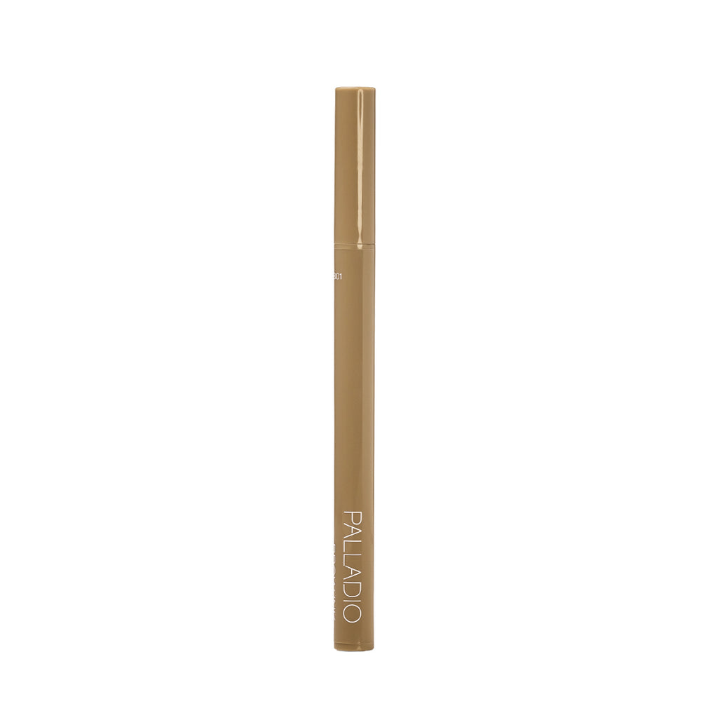 Palladio Brow Ink Micro Brow Pen in Taupe standing upright with cap on, showing the Palladio logo and partial shade code on the barrel.