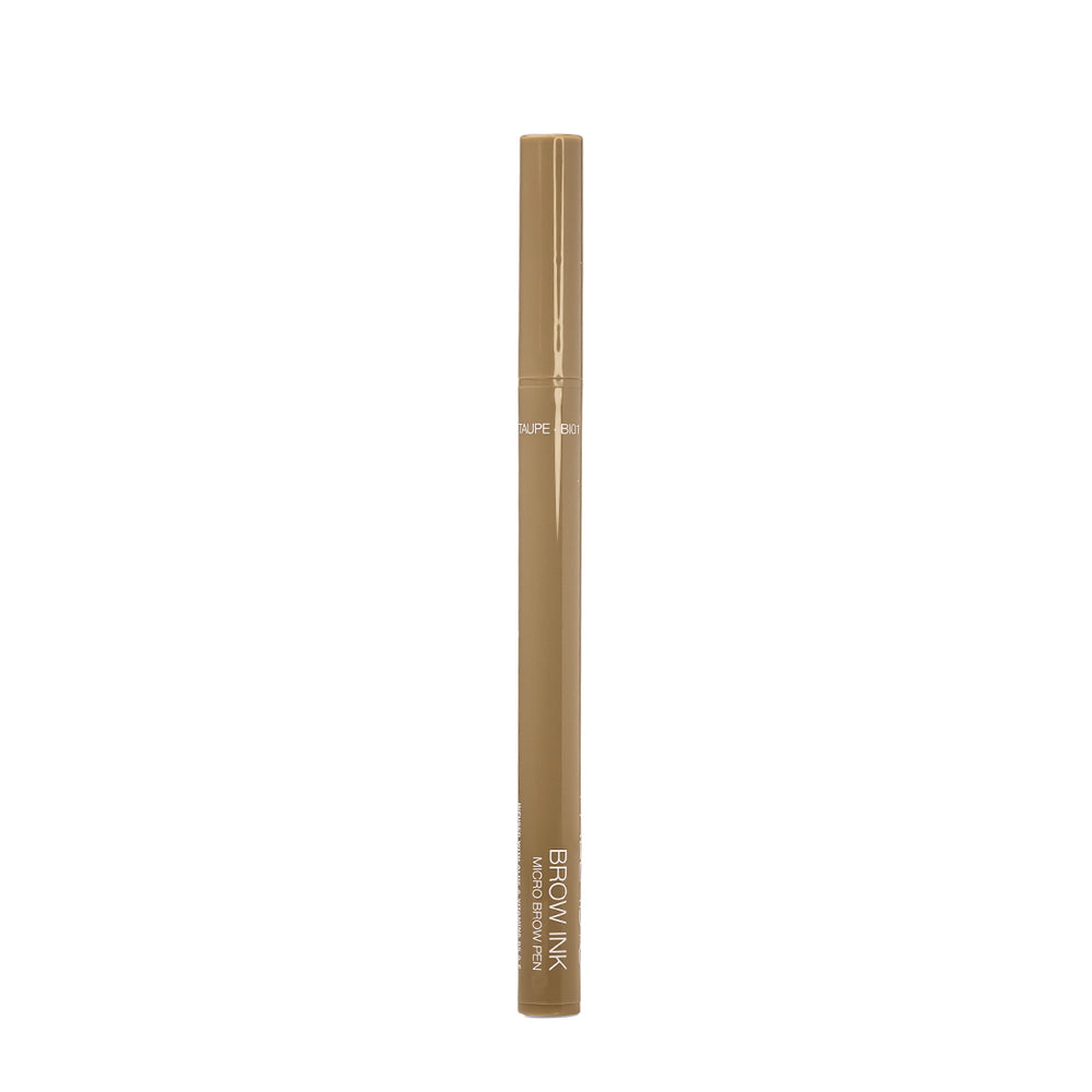 Palladio Brow Ink Micro Brow Pen in Taupe standing upright with cap on, showing the "Taupe - BI01" shade name and "Brow Ink Micro Brow Pen" product name clearly on the barrel.