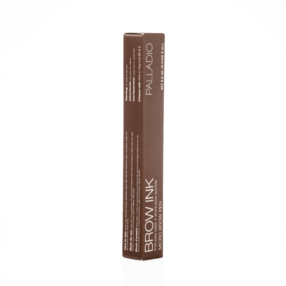Side panel of the Palladio Brow Ink Micro Brow Pen box in Auburn, showing multilingual usage instructions and warnings (English, Spanish, French), the Palladio logo, "BROW INK · MICRO BROW PEN" text, and net weight 0.5 mL (0.0169 fl oz.).