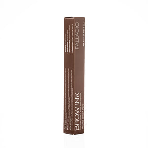 Side panel of the Palladio Brow Ink Micro Brow Pen box in Auburn, showing multilingual usage instructions and warnings (English, Spanish, French), the Palladio logo, "BROW INK · MICRO BROW PEN" text, and net weight 0.5 mL (0.0169 fl oz.).