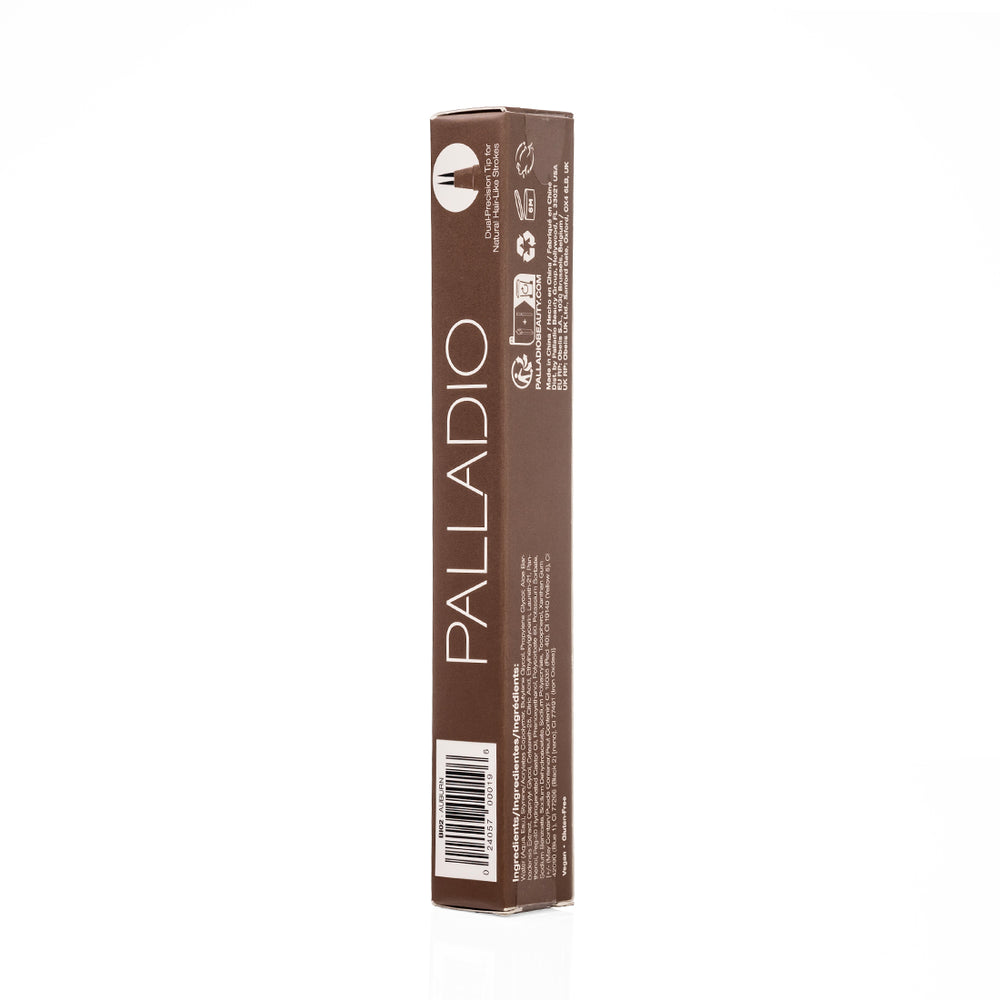 Side panel of the Palladio Brow Ink Micro Brow Pen box in Auburn, showing the dual-precision tip icon for natural hair-like strokes, recycling and manufacturing icons, the ingredients list, and the barcode labeled "BI02 Auburn."