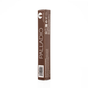 Side panel of the Palladio Brow Ink Micro Brow Pen box in Auburn, showing the dual-precision tip icon for natural hair-like strokes, recycling and manufacturing icons, the ingredients list, and the barcode labeled "BI02 Auburn."