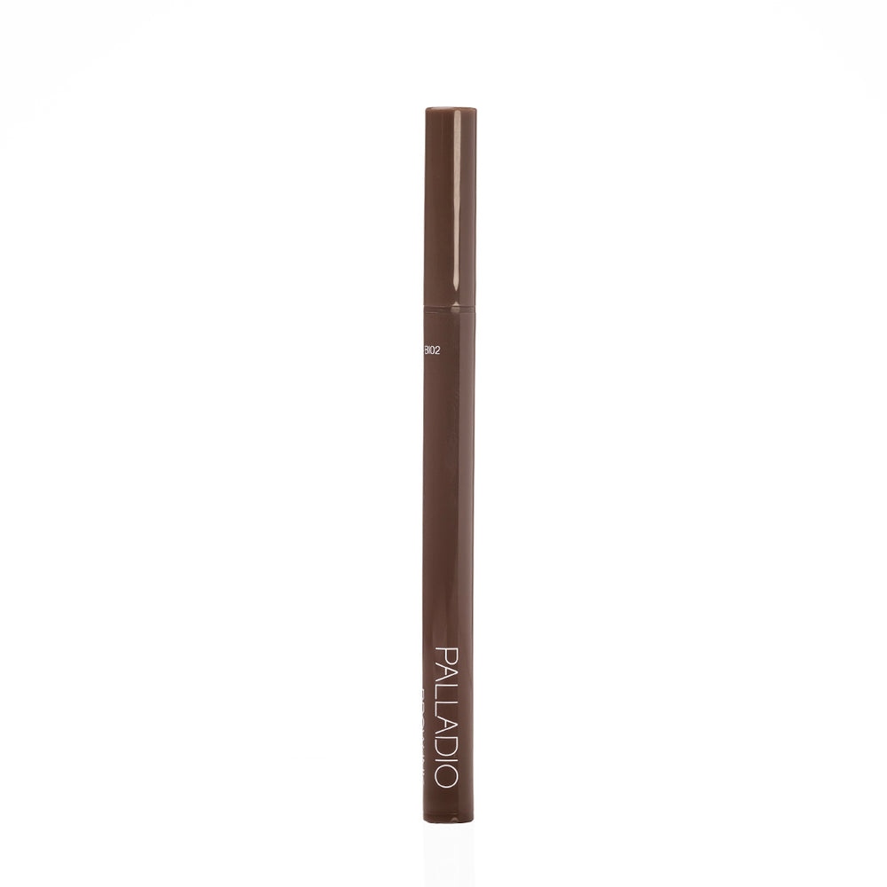 Palladio Brow Ink Micro Brow Pen in Auburn standing upright with cap on, showing the Palladio logo and partial shade code "BI02" on the barrel.