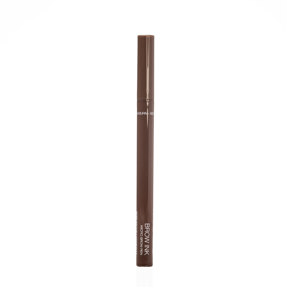 Palladio Brow Ink Micro Brow Pen in Auburn standing upright with cap on, showing the "Auburn - BI02" shade name and "Brow Ink Micro Brow Pen" product name on the barrel.