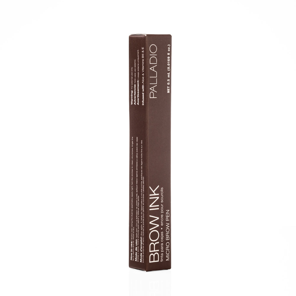 Side panel of the Palladio Brow Ink Micro Brow Pen box in Medium Brown, showing multilingual usage instructions and warnings (English, Spanish, French), the Palladio logo, "BROW INK · MICRO BROW PEN" text, and net weight 0.5 mL (0.0169 fl oz.).