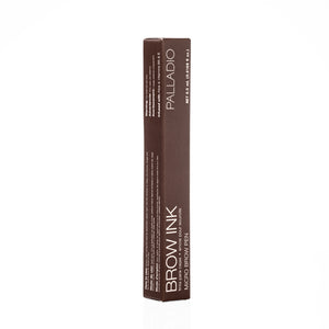 Side panel of the Palladio Brow Ink Micro Brow Pen box in Medium Brown, showing multilingual usage instructions and warnings (English, Spanish, French), the Palladio logo, "BROW INK · MICRO BROW PEN" text, and net weight 0.5 mL (0.0169 fl oz.).