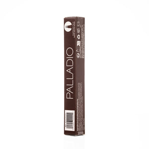 Side panel of the Palladio Brow Ink Micro Brow Pen box in Medium Brown, showing the dual-precision tip icon for natural hair-like strokes, recycling and manufacturing icons, the ingredients list, and the barcode labeled "BI03 Medium Brown."