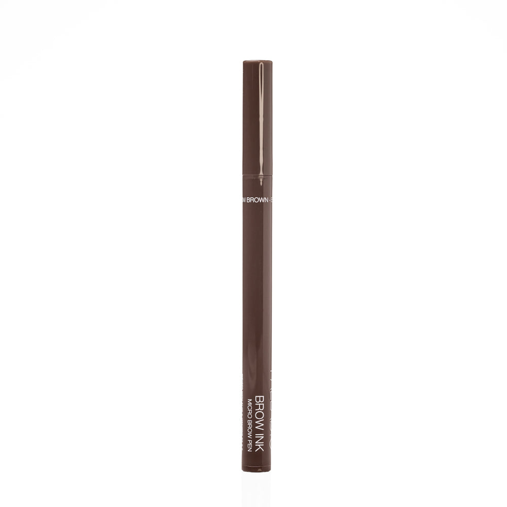 Palladio Brow Ink Micro Brow Pen in Medium Brown standing upright with cap on, showing the "Medium Brown - BI03" shade name and "Brow Ink Micro Brow Pen" product name on the barrel.