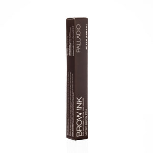 Side panel of the Palladio Brow Ink Micro Brow Pen box in Dark Brown, showing multilingual usage instructions and warnings (English, Spanish, French), the Palladio logo, "BROW INK · MICRO BROW PEN" text, and net weight 0.5 mL (0.0169 fl oz.).