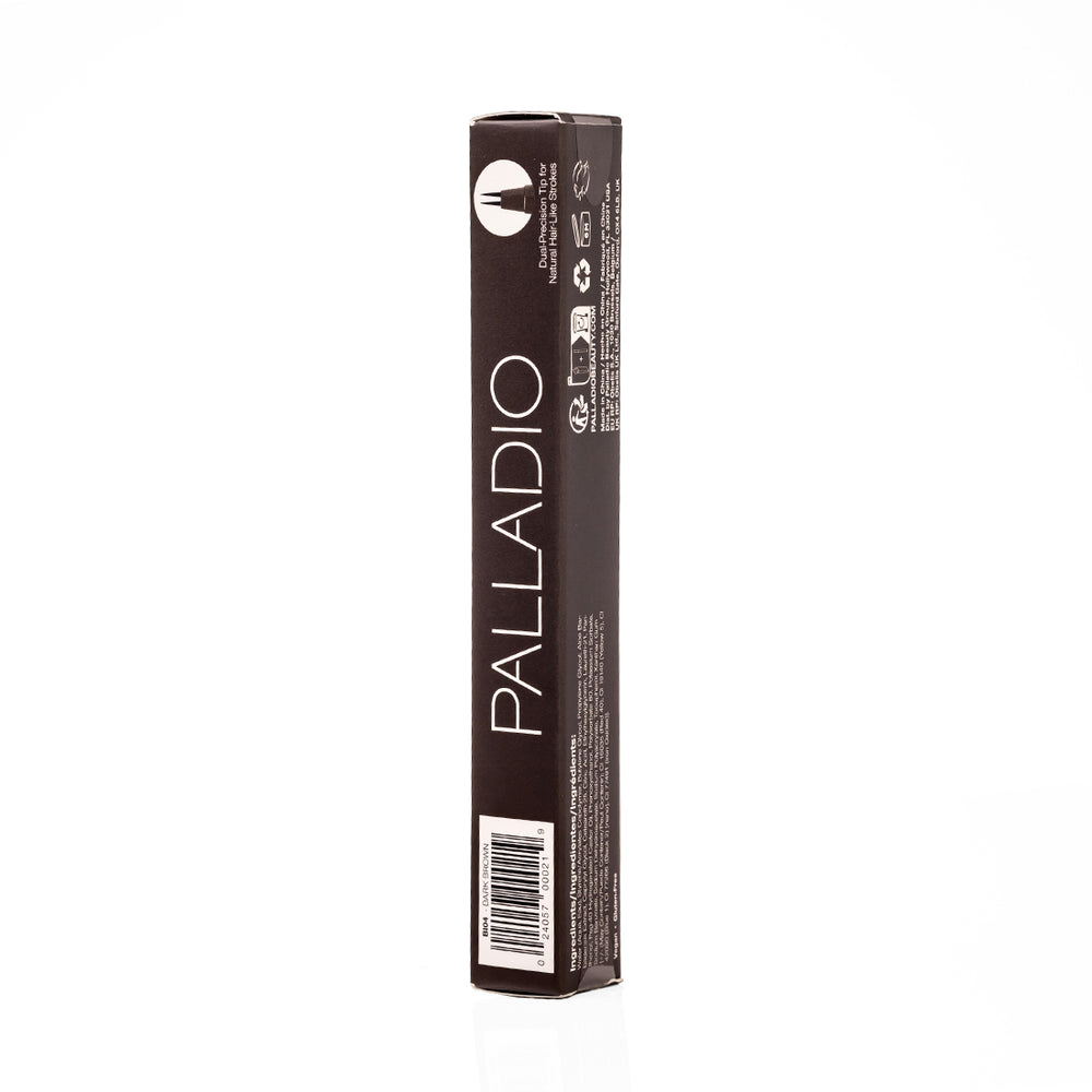 Side panel of the Palladio Brow Ink Micro Brow Pen box in Dark Brown, showing the dual-precision tip icon for natural hair-like strokes, recycling and manufacturing icons, the ingredients list, and the barcode labeled "BI04 Dark Brown."