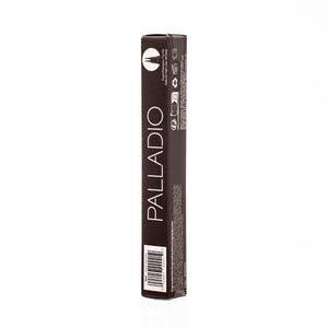 Side panel of the Palladio Brow Ink Micro Brow Pen box in Dark Brown, showing the dual-precision tip icon for natural hair-like strokes, recycling and manufacturing icons, the ingredients list, and the barcode labeled "BI04 Dark Brown."