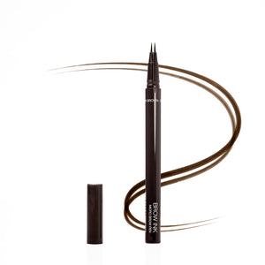 Palladio Brow Ink Micro Brow Pen in Dark Brown, an uncapped microblading-style pen with fine dual tips beside its cap, with a swooping dark brown line illustrating hair-like brow strokes.