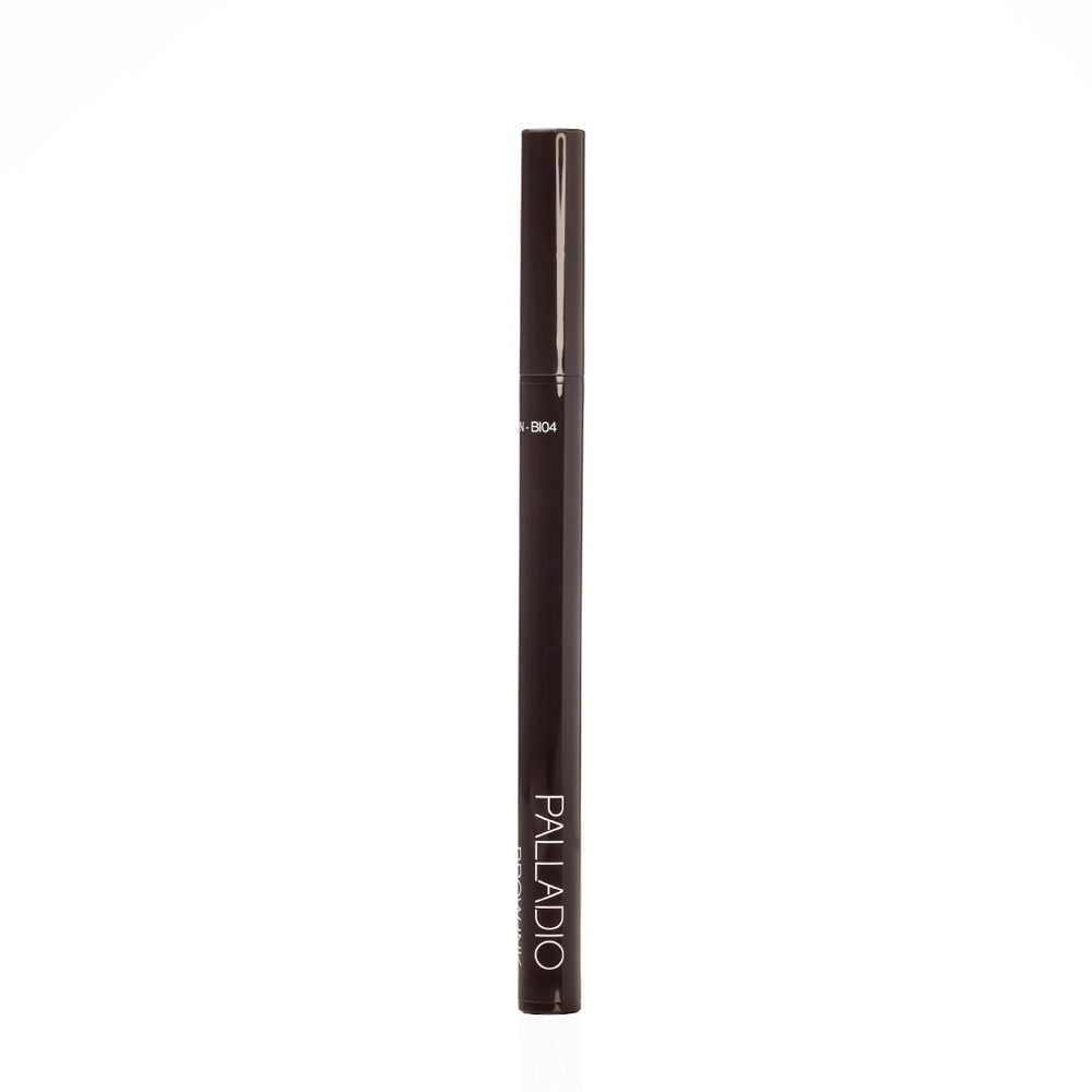 Palladio Brow Ink Micro Brow Pen in Dark Brown standing upright with cap on, showing the Palladio logo and partial shade code "BI04" on the barrel.