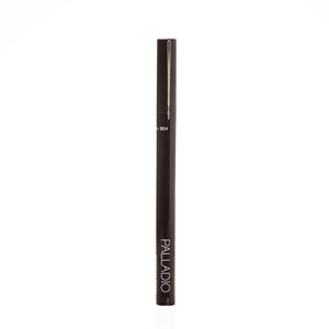 Palladio Brow Ink Micro Brow Pen in Dark Brown standing upright with cap on, showing the Palladio logo and partial shade code "BI04" on the barrel.