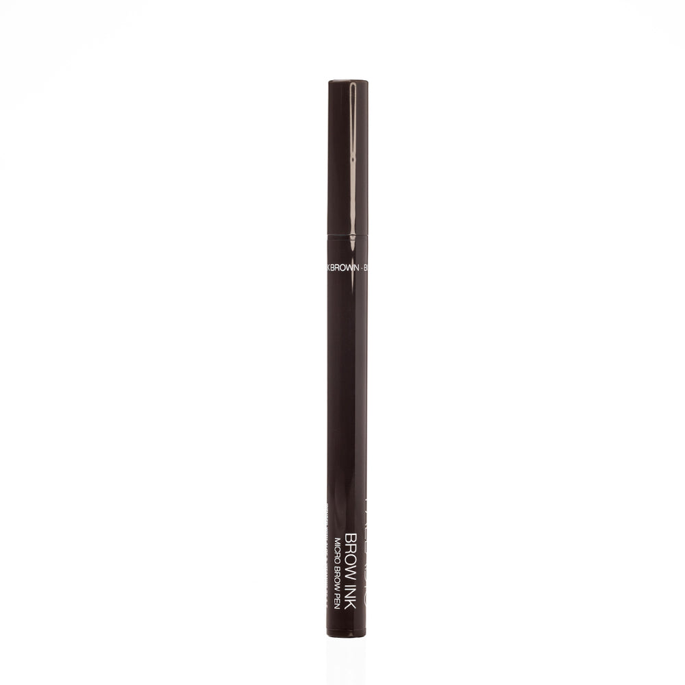 Palladio Brow Ink Micro Brow Pen in Dark Brown standing upright with cap on, showing the "Dark Brown - BI04" shade name and "Brow Ink Micro Brow Pen" product name on the barrel.
