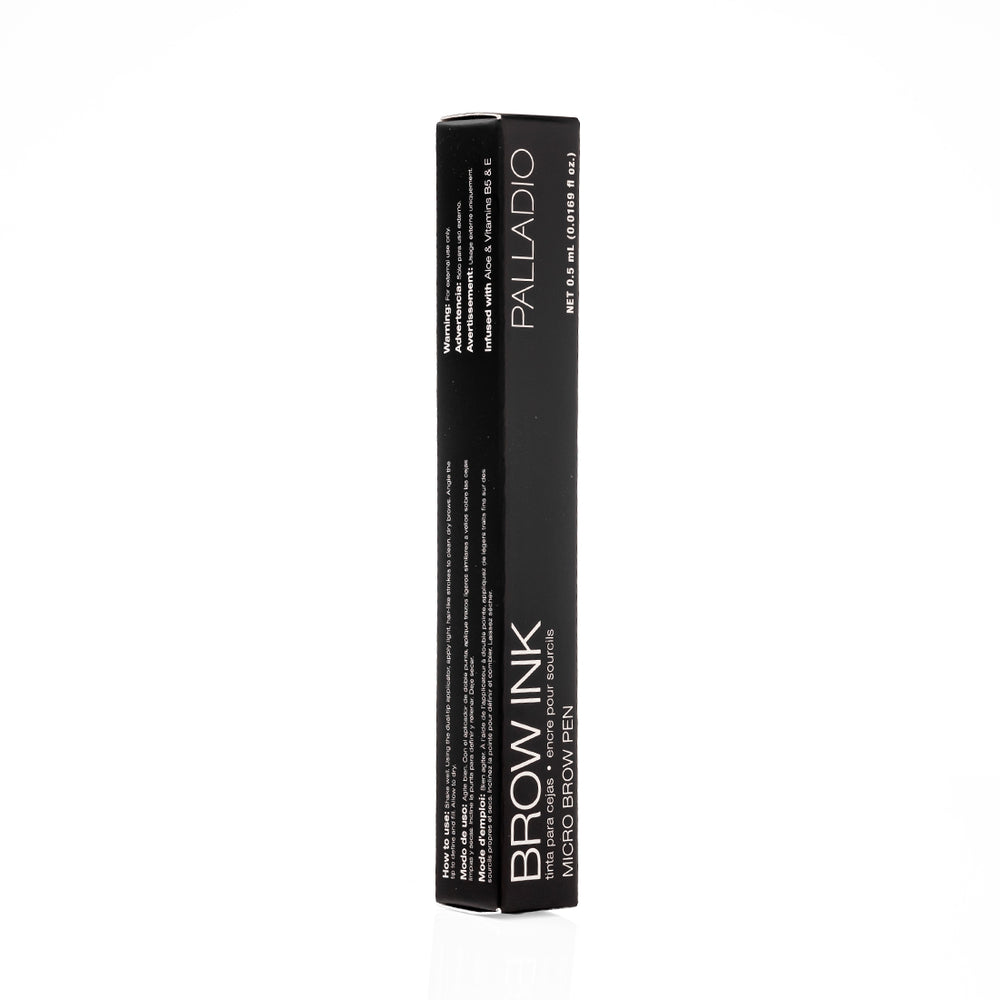 Side panel of the Palladio Brow Ink Micro Brow Pen box in Black, showing multilingual usage instructions and warnings (English, Spanish, French), the Palladio logo, "BROW INK · MICRO BROW PEN" text, and net weight 0.5 mL (0.0169 fl oz.).