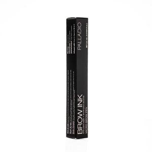 Side panel of the Palladio Brow Ink Micro Brow Pen box in Black, showing multilingual usage instructions and warnings (English, Spanish, French), the Palladio logo, "BROW INK · MICRO BROW PEN" text, and net weight 0.5 mL (0.0169 fl oz.).