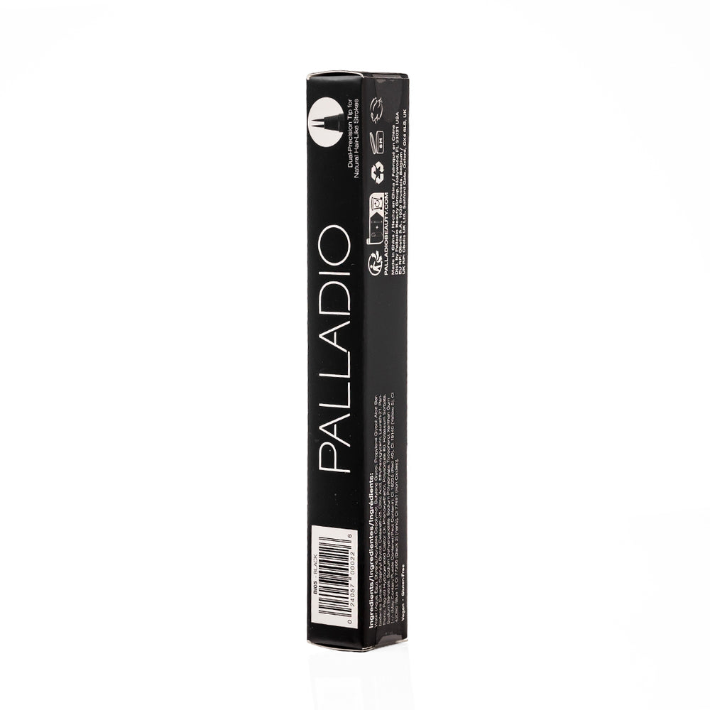 Side panel of the Palladio Brow Ink Micro Brow Pen box in Black, showing the dual-precision tip icon for natural hair-like strokes, recycling and manufacturing icons, the ingredients list, and the barcode labeled "BI05 Black."