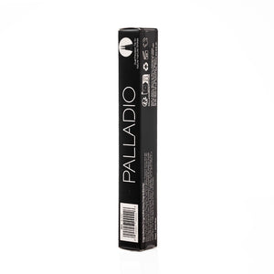 Side panel of the Palladio Brow Ink Micro Brow Pen box in Black, showing the dual-precision tip icon for natural hair-like strokes, recycling and manufacturing icons, the ingredients list, and the barcode labeled "BI05 Black."