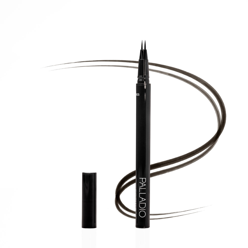 Palladio Brow Ink Micro Brow Pen in Black, an uncapped microblading-style pen with fine dual tips beside its cap, with a swooping black line illustrating hair-like brow strokes.