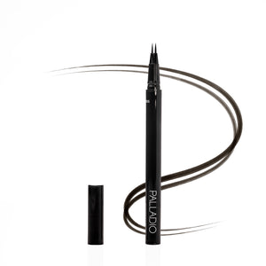 Palladio Brow Ink Micro Brow Pen in Black, an uncapped microblading-style pen with fine dual tips beside its cap, with a swooping black line illustrating hair-like brow strokes.