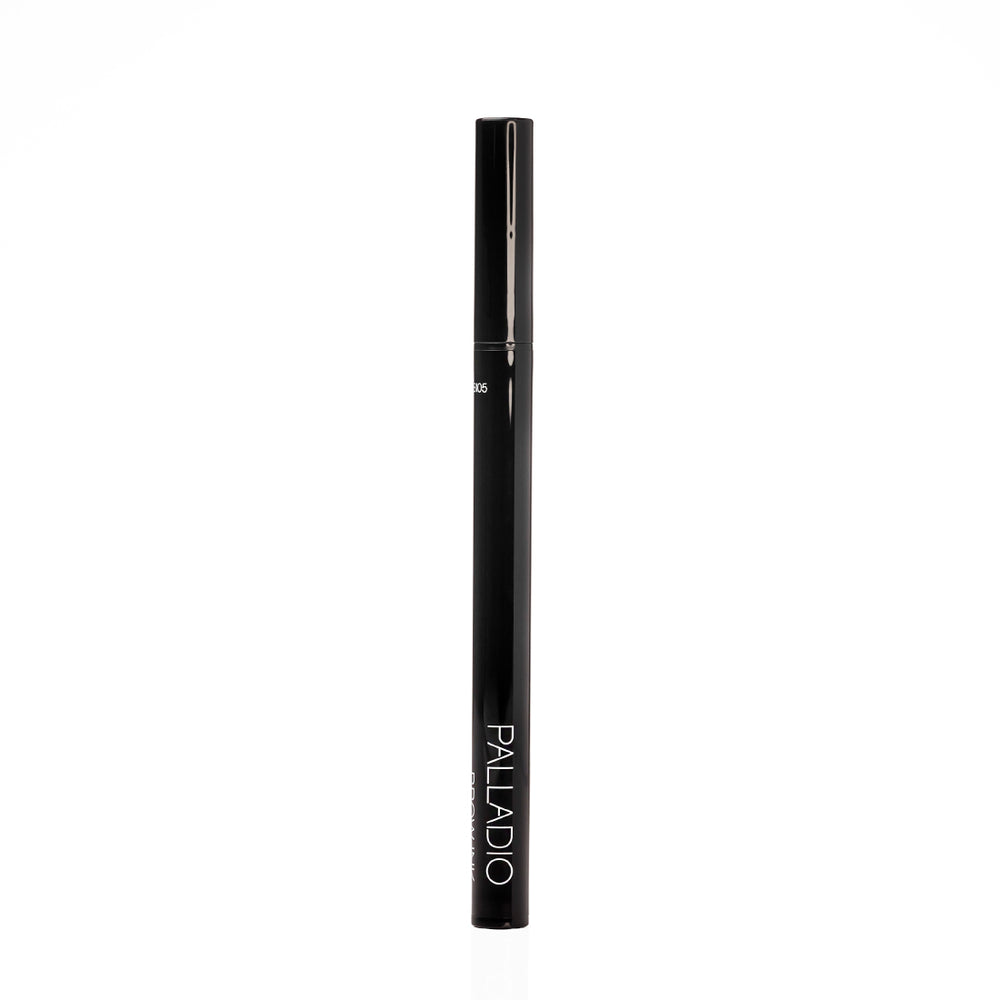 Palladio Brow Ink Micro Brow Pen in Black standing upright with cap on, showing the Palladio logo and partial shade code "BI05" on the barrel.