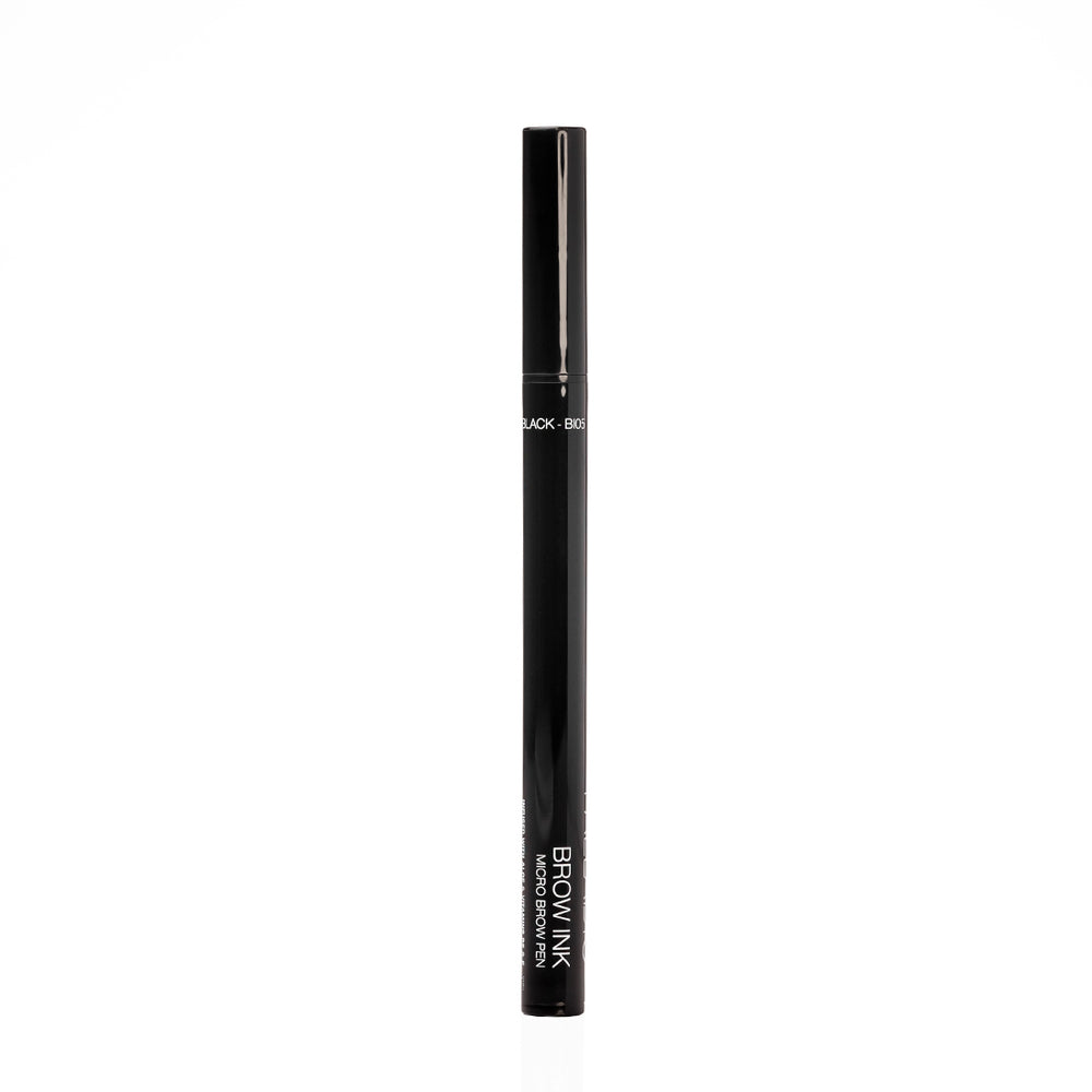 Palladio Brow Ink Micro Brow Pen in Black standing upright with cap on, showing the "Black - BI05" shade name and "Brow Ink Micro Brow Pen" product name on the barrel.