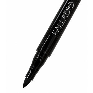 Close-up of the precise marker-tip liquid liner on Palladio Fifty-Fifty Cat-Eye + Smoky Kajal Eyeliner for creating sharp cat-eye lines and wings.