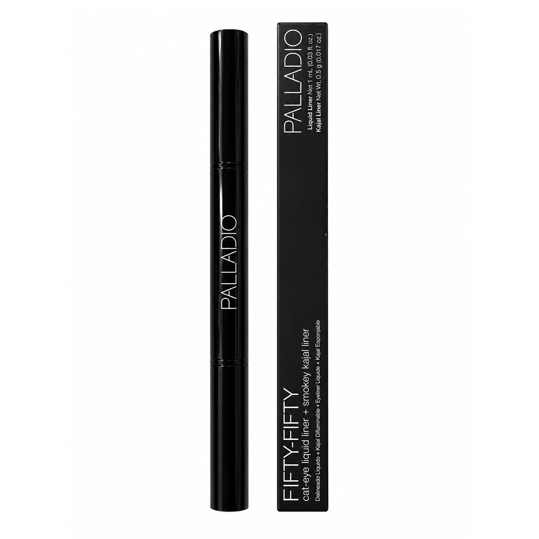 Palladio Fifty-Fifty Cat-Eye + Smoky Kajal Eyeliner shown beside its black retail packaging on a white background.