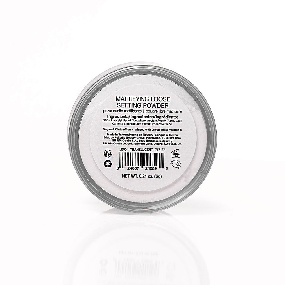 Palladio 4Ever + Ever Mattifying Loose Setting Powder with Green Tea, closed jar front view on white background