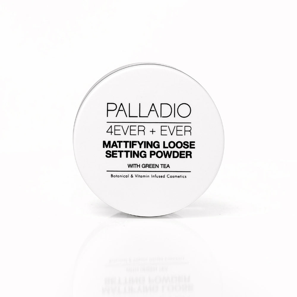 Palladio 4Ever + Ever Mattifying Loose Setting Powder with Green Tea, closed jar front view on white backgroundPalladio 4Ever + Ever Mattifying Loose Setting Powder with Green Tea, closed jar front view on white background
