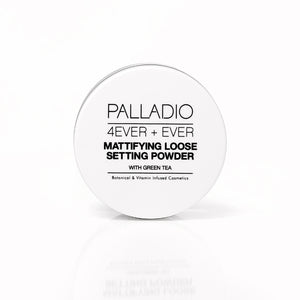 Palladio 4Ever + Ever Mattifying Loose Setting Powder with Green Tea, closed jar front view on white backgroundPalladio 4Ever + Ever Mattifying Loose Setting Powder with Green Tea, closed jar front view on white background
