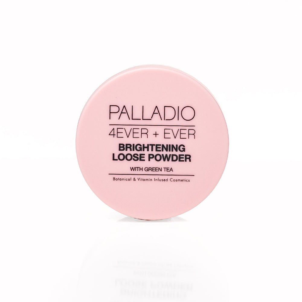 Palladio 4Ever + Ever Brightening Loose Powder with Green Tea, closed jar front view on white background