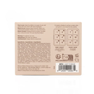 Palladio Multi Face Palette MFP01 Light to Medium back packaging with shade layout, directions, ingredients, and barcode.
