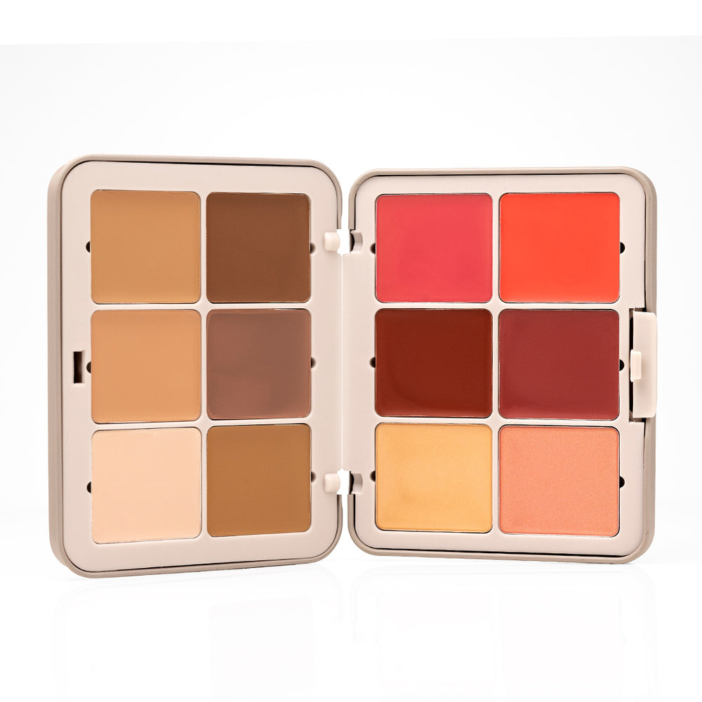 Palladio Multi Face Palette MFP01 Light to Medium open to reveal all 12 cream shades, including six Base + Sculpt shades, four blushes, and two highlighters.