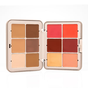 Palladio Multi Face Palette MFP01 Light to Medium open to reveal all 12 cream shades, including six Base + Sculpt shades, four blushes, and two highlighters.