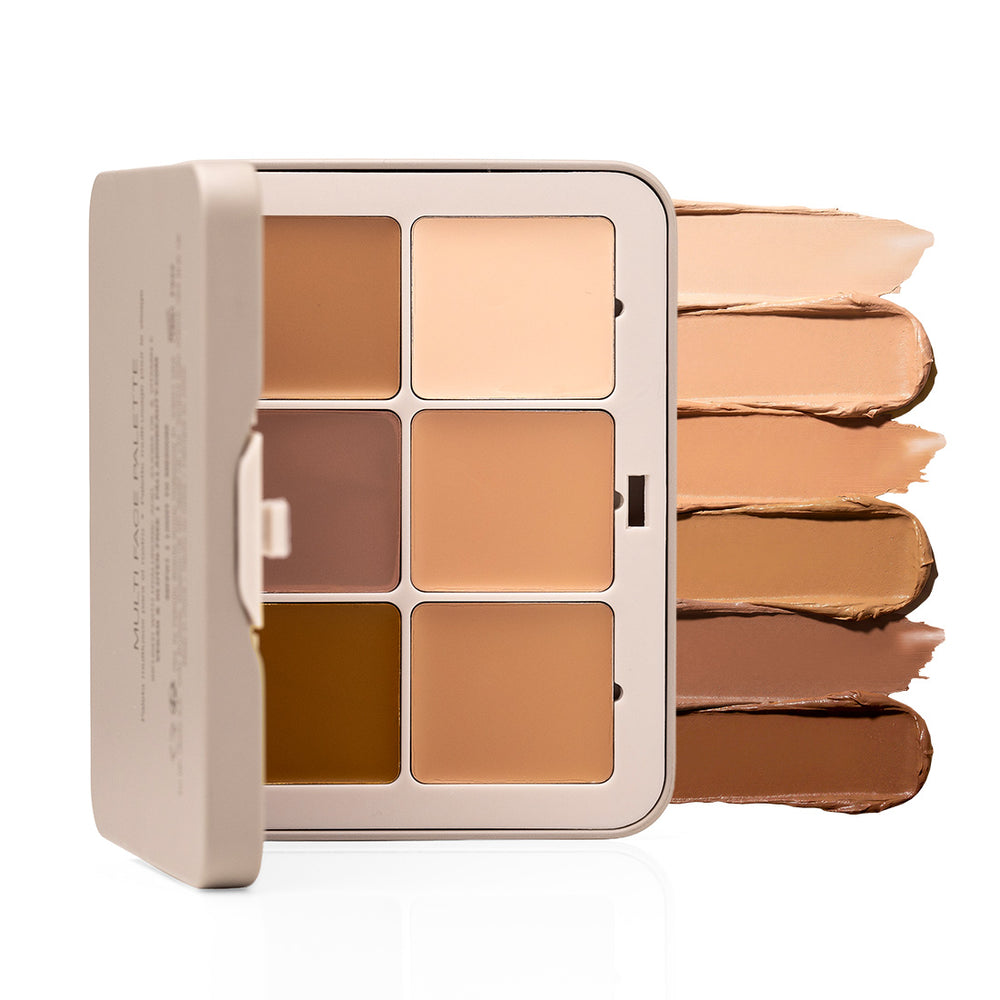Palladio Multi Face Palette MFP01 Light to Medium Base + Sculpt shades with six cream foundation, concealer, bronzer, and contour swatches.