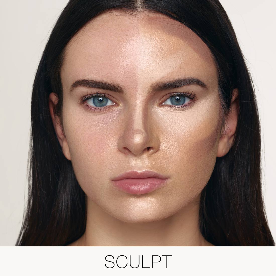 Model wearing Palladio Multi Face Palette in Light-to-Medium with contour and highlight placement to add dimension.