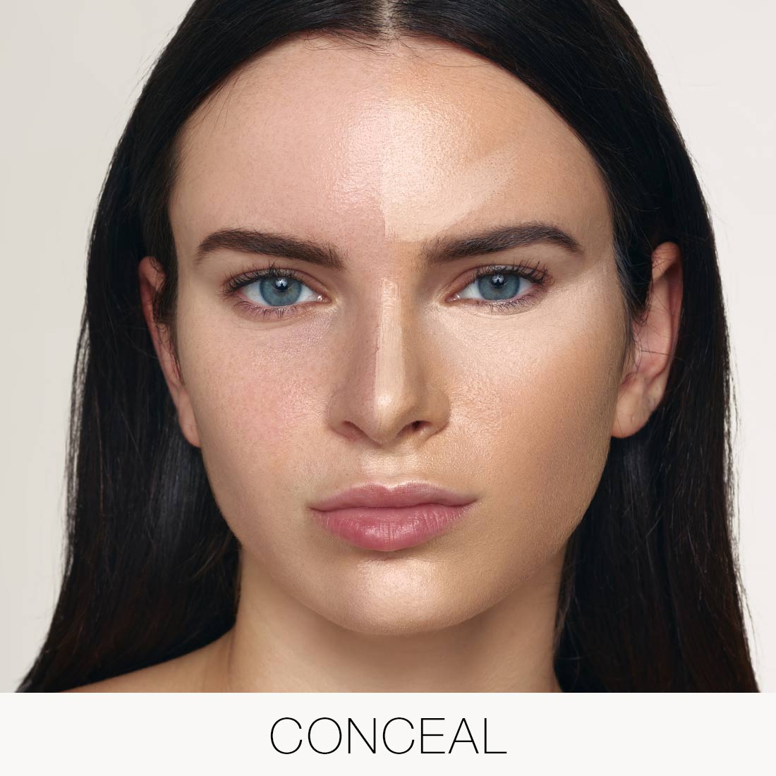 Model wearing Palladio Multi Face Palette in Light-to-Medium with concealer shades applied to brighten and perfect the complexion.