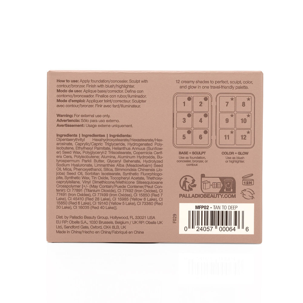 Palladio Multi Face Palette MFP02 Tan to Deep back packaging with shade layout, directions, ingredients, and barcode.